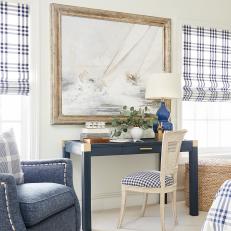 Blue and White Cottage Bedroom With Plaid Shades