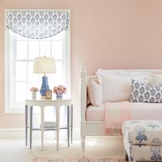 Pink Cottage Sitting Room With Blue Lamp