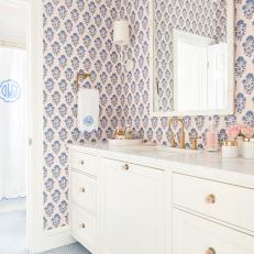 Pink and Blue Cottage Bathroom With Penny Tiles