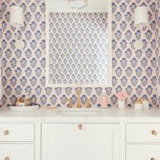 Pink Cottage Bathroom With Graphic Wallpaper