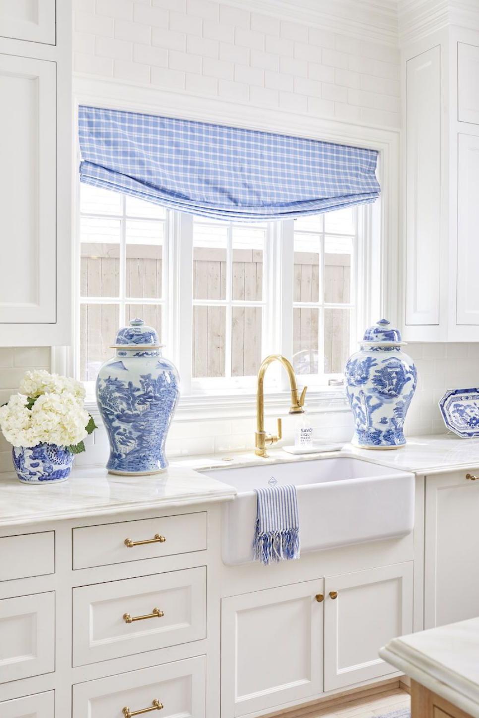 Blue and White Cottage Kitchen With Urns | HGTV