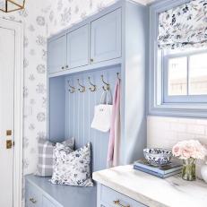 Gray Cottage Mudroom With Floral Pillow