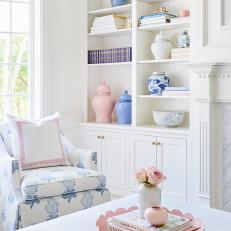 Cottage Living Room With Pink Tray