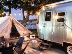 Airstream Trailer and Tent at Night