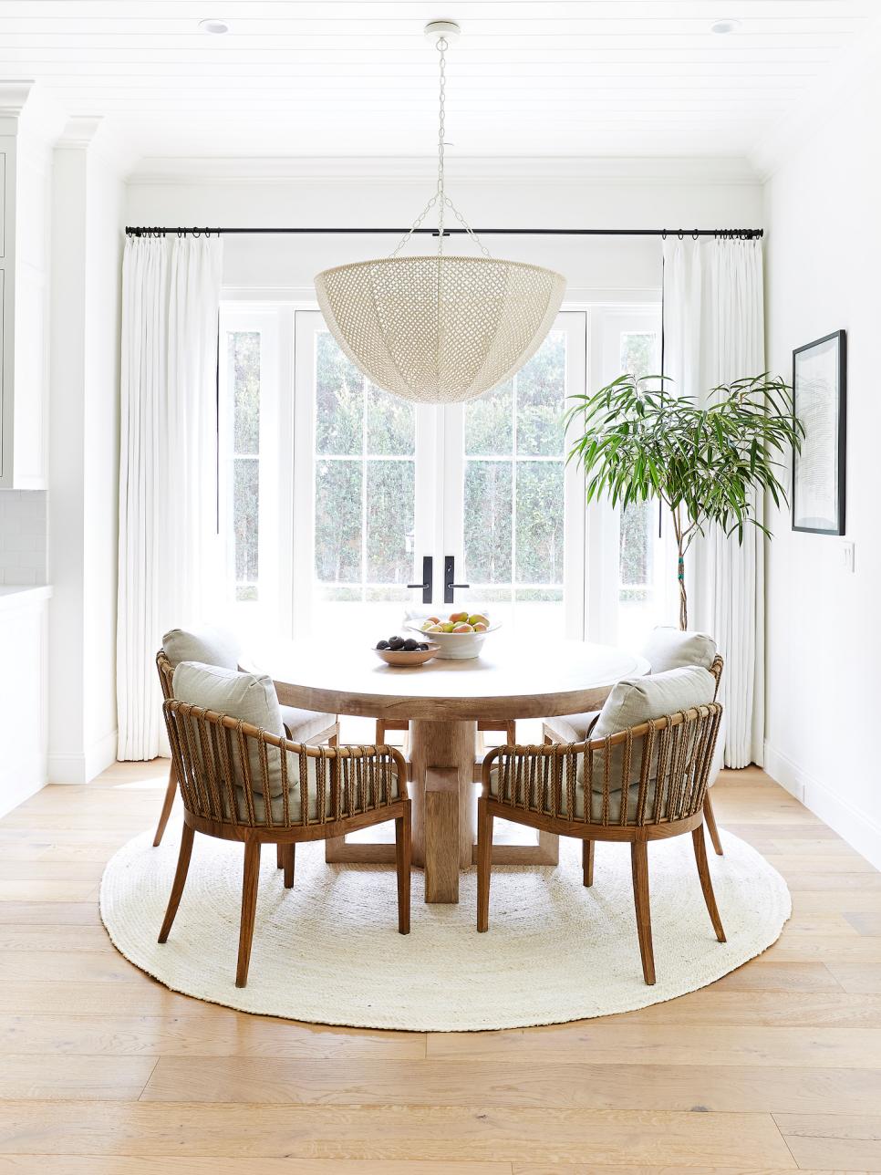 White Transitional Dining Room With Round Rug | HGTV