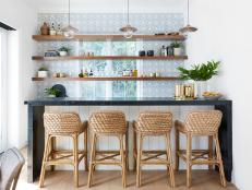 Transitional Bar With Woven Stools