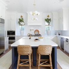 White Transitional Chef Kitchen With Blue Island