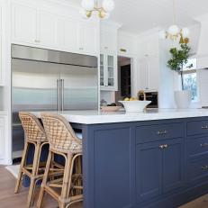 White Transitional Kitchen With Blue Island