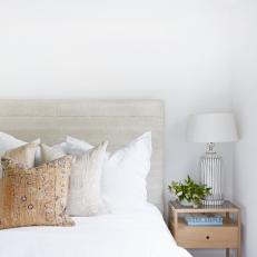 Linen and Batik Accent Pillows for White-and-Gray Bedroom