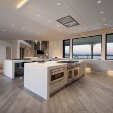 White Modern Kitchen With Sunset View