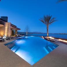 Lakefront Pool and Patio at Night