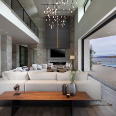 Gray Modern Living Room With Lake View