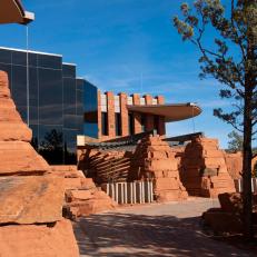 Modern Southwestern Exterior With Red Stone
