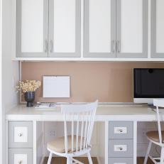 Transitional Home Office With Brown Backsplash