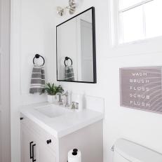 Gray and White Single Vanity Bathroom With Word Sign