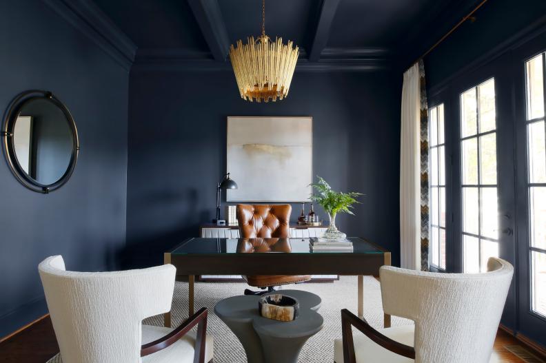 Dark Blue Home Office, Painted Ceiling, Glass Desk, Leather Desk Chair