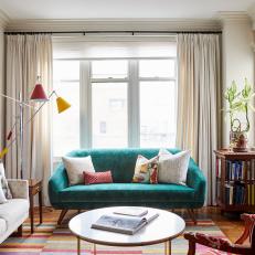 Multicolored Eclectic Living Room With Teal Sofa