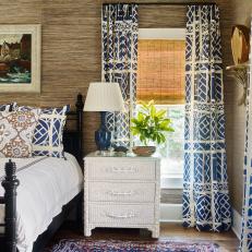 Traditional Coastal Bedroom with Blue and White Fabric Accents