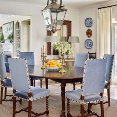 Traditional Dining Room with English Drop Leaf Table, Blue Velvet Dining Chairs and Pendant