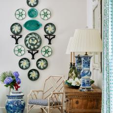 Traditional Coastal Room with Blue-Green Porcelain Display and Chinoiserie