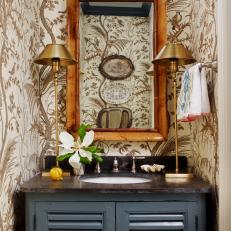 Powder Room with Painted Wallpaper, Tortoiseshell Mirror, Buffet Lamps and Grey Vanity