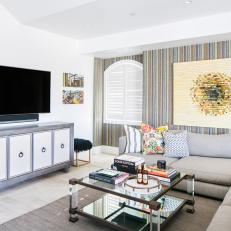 Contemporary Media Room With Striped Wall