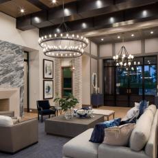 Contemporary Living Room With Gray Marble Fireplace