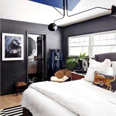 Gray Contemporary Bedroom With Blue Triangle