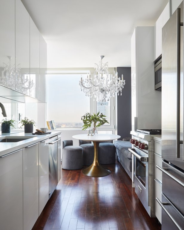 White Galley Kitchen and Chandelier