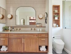 Midcentury Modern Bathroom With Peach Tile
