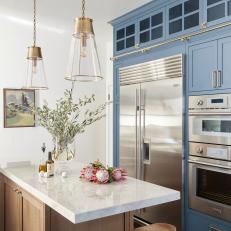 Blue Transitional Kitchen With Double Ovens