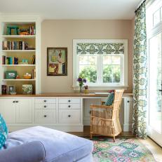 Transitional Home Office With Blue Chaise