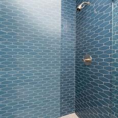 Walk In Shower With Blue Backsplash Tile