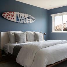 Blue Contemporary Bedroom With Surfboard