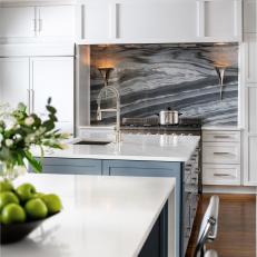 White Kitchen With Gray Marble Backsplash