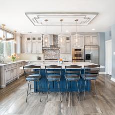 Gray Chef Kitchen With Blue Island