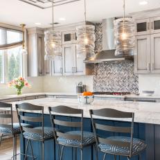 Gray Transitional Chef Kitchen With Blue Island