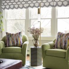 Green Armchairs and Striped Table