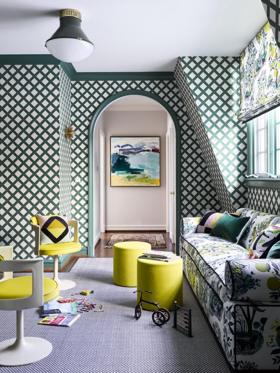 Green And Yellow Playroom With Bold Wallpaper And Citrus Print Sofa Hgtv