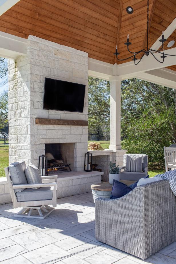 Cottage Covered Patio With Fireplace