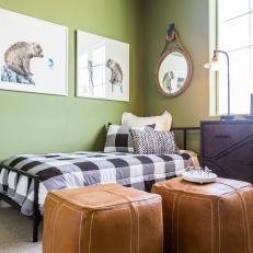 Green Bedroom With Plaid Bed Linens