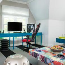 Teen Game Room With Blue Desk