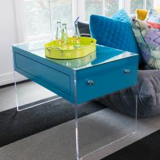 Lucite End Table With Blue Drawer