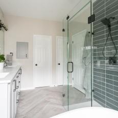Main Bathroom With Gray Shower Backsplash