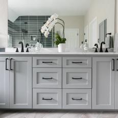 Gray Main Bathroom Vanity and Orchid