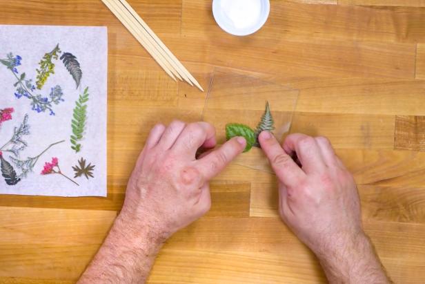 Arrange a selection of flowers and ferns on the glass and use a wooden skewer to add a bit of decoupage glue to each piece.
