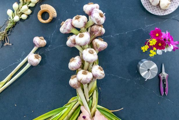 Braiding garlic bulbs and leaves for storage