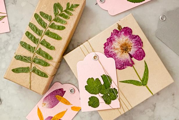 Colorful Pressed Flowers Affixed to Gift Tags and Gift Boxes