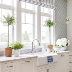 Blue Cottage Kitchen With Striped Shade