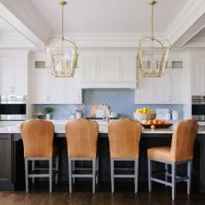 Blue and White Transitional Kitchen With Black Island